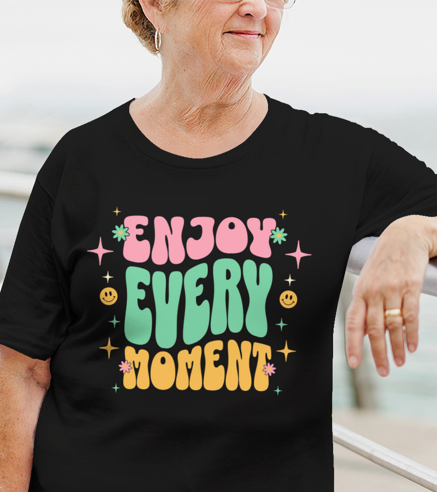 Enjoy Every Moment Retro Smiley Flowers And Stars T-Shirt