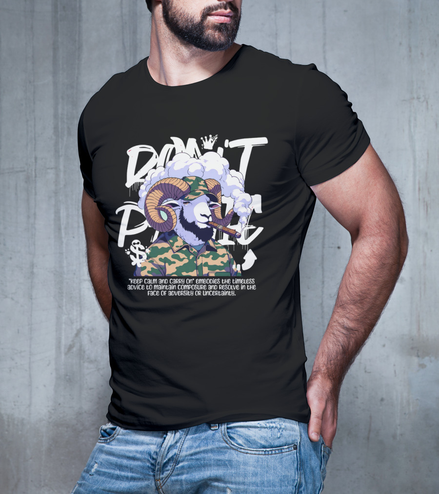Don't Panic Keep Calm And Carry On Ram With Camo And Cigar T-Shirt