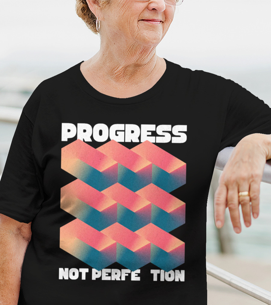 PROGRESS NOT PERFECTION Geometric Illusion 3D Blocks T-Shirt