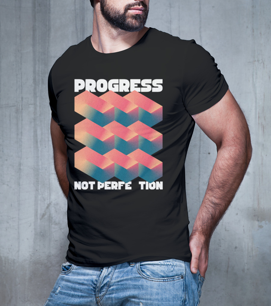 PROGRESS NOT PERFECTION Geometric Illusion 3D Blocks T-Shirt