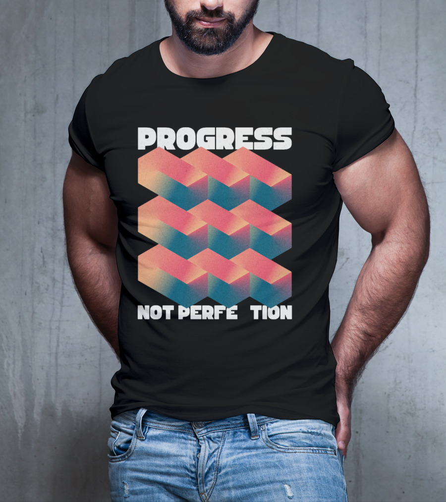 PROGRESS NOT PERFECTION Geometric Illusion 3D Blocks T-Shirt