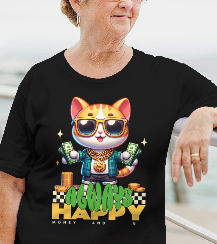 Always Happy Money And Fun Cool Cat With Sunglasses And Cash T-Shirt