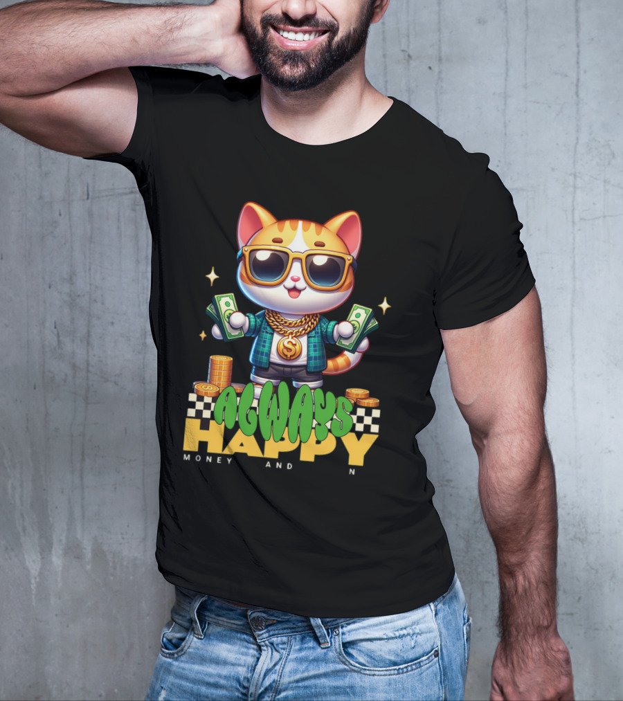 Always Happy Money And Fun Cool Cat With Sunglasses And Cash T-Shirt