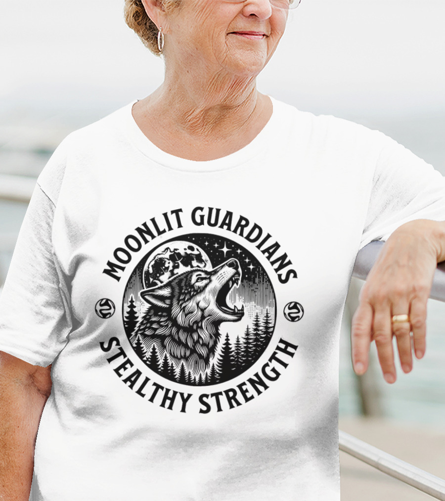 Moonlit Guardians Stealthy Strength Wolf Under Moon And Stars T-Shirt