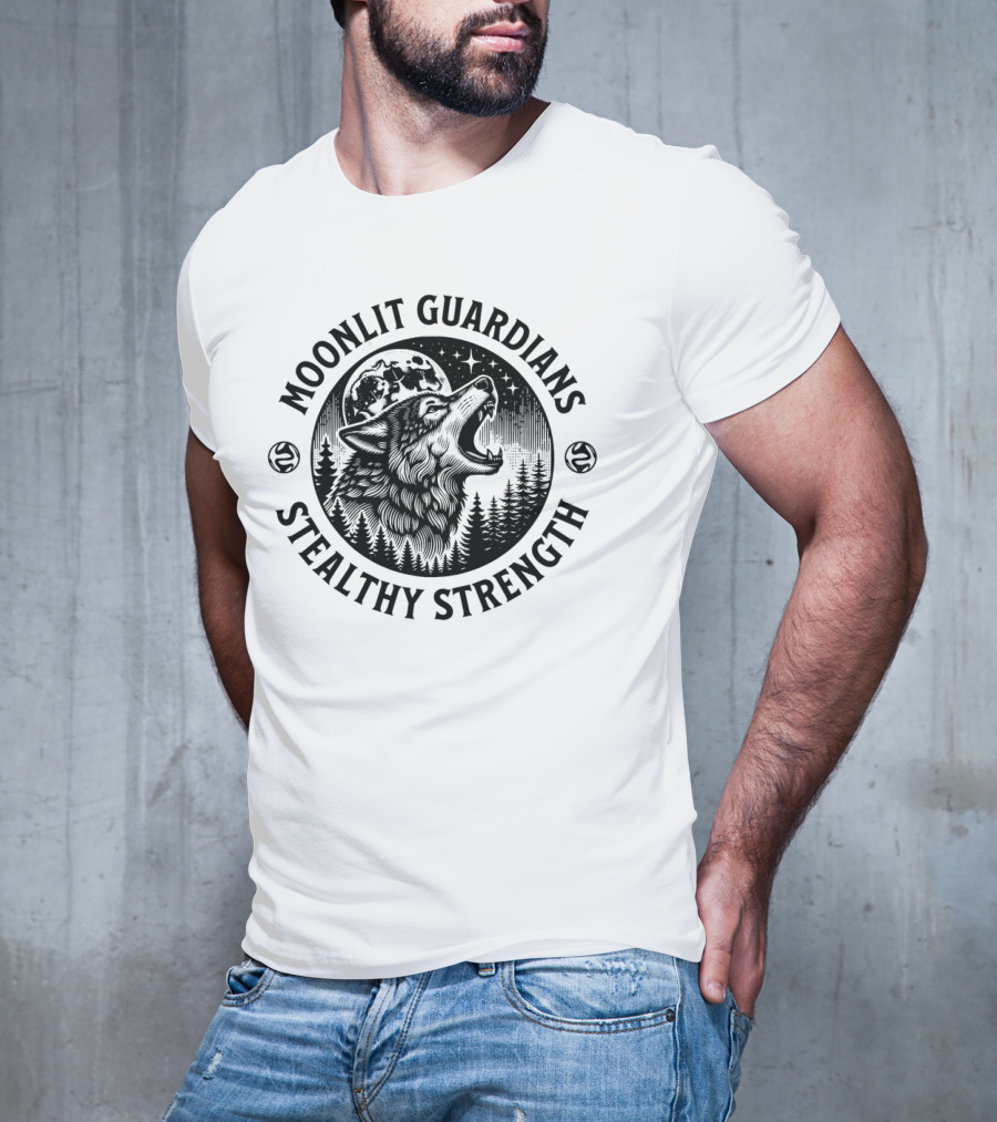 Moonlit Guardians Stealthy Strength Wolf Under Moon And Stars T-Shirt