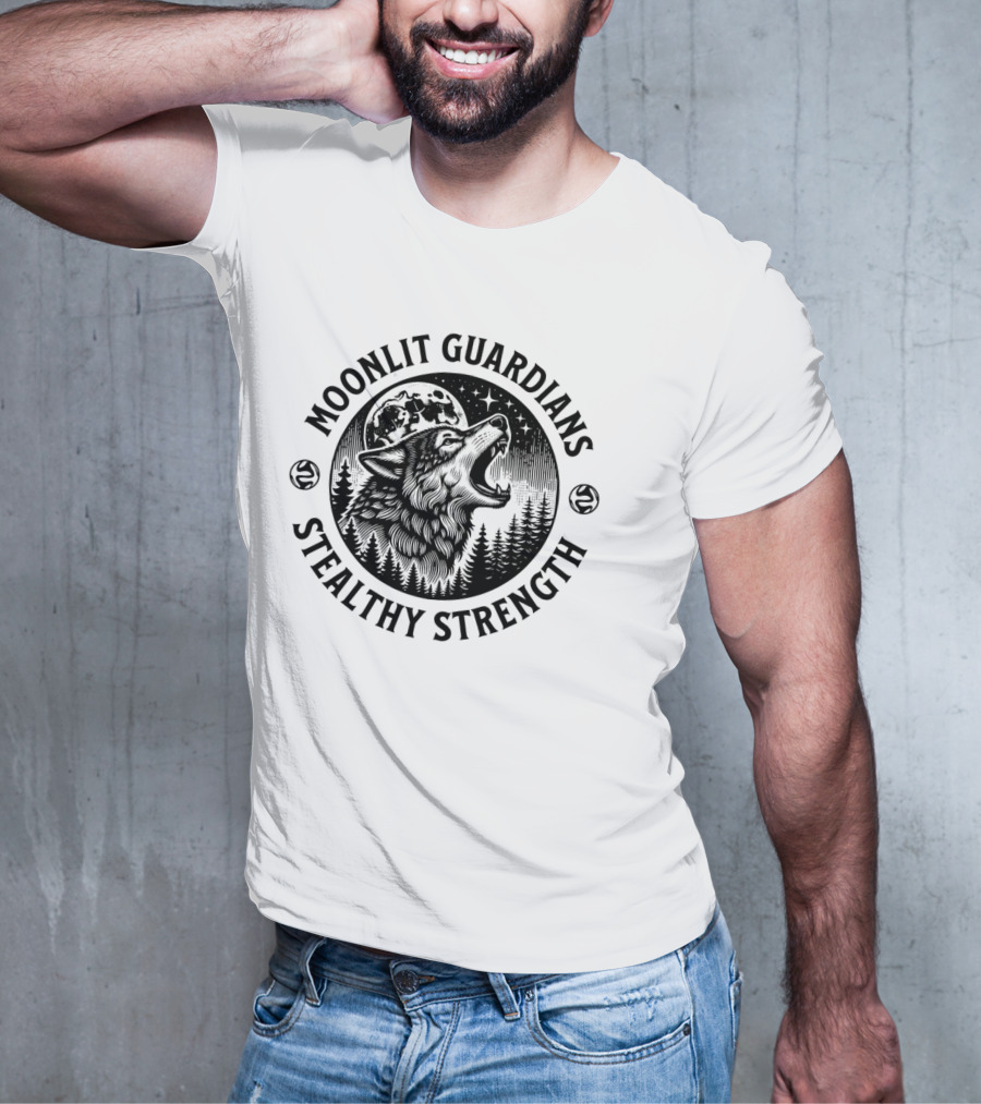 Moonlit Guardians Stealthy Strength Wolf Under Moon And Stars T-Shirt