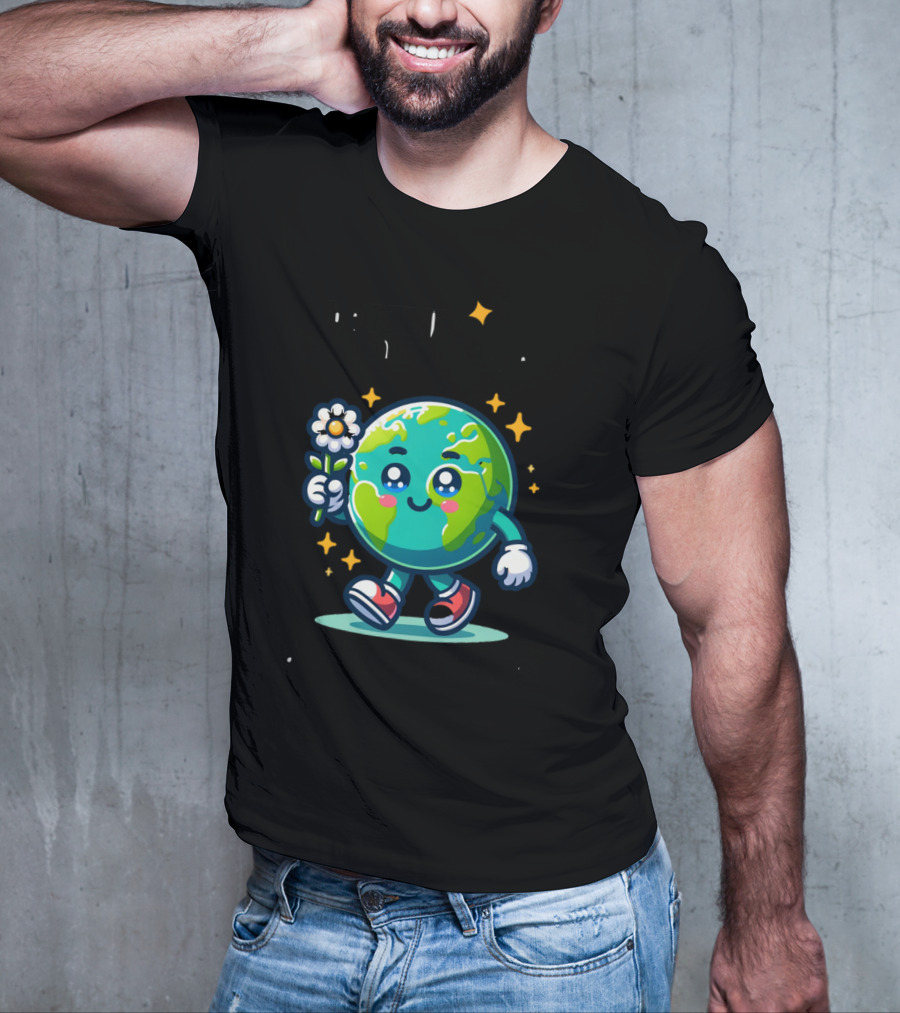 Be Kind To Our Planet And To Others Cute Earth Character With Flower And Stars T-Shirt