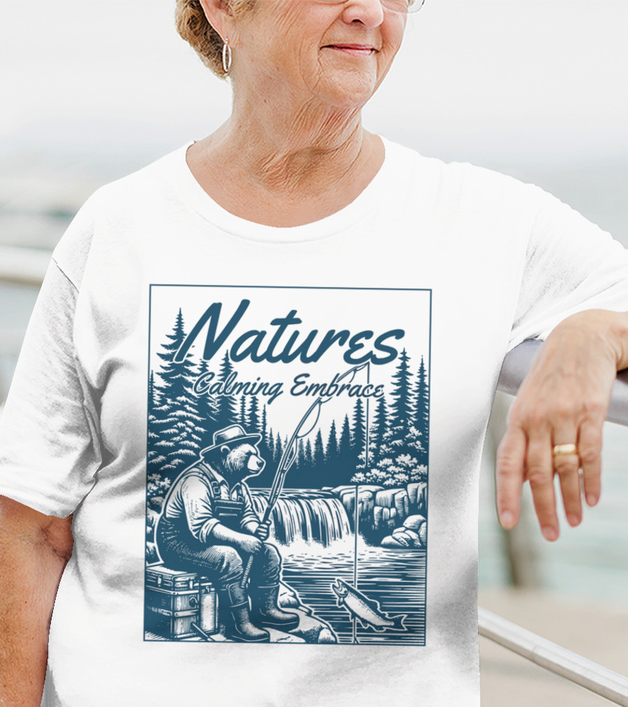 Natures Calming Embrace Bear Fishing By Waterfall T-Shirt