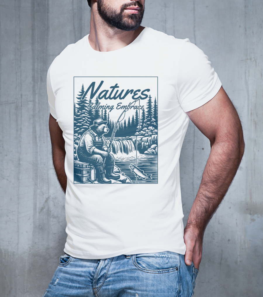 Natures Calming Embrace Bear Fishing By Waterfall T-Shirt