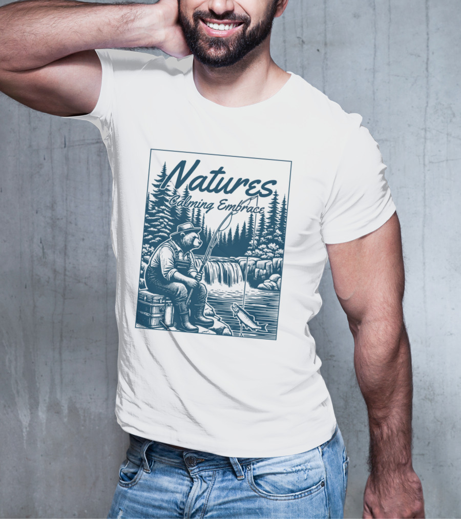 Natures Calming Embrace Bear Fishing By Waterfall T-Shirt
