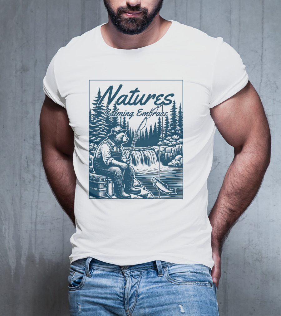 Natures Calming Embrace Bear Fishing By Waterfall T-Shirt