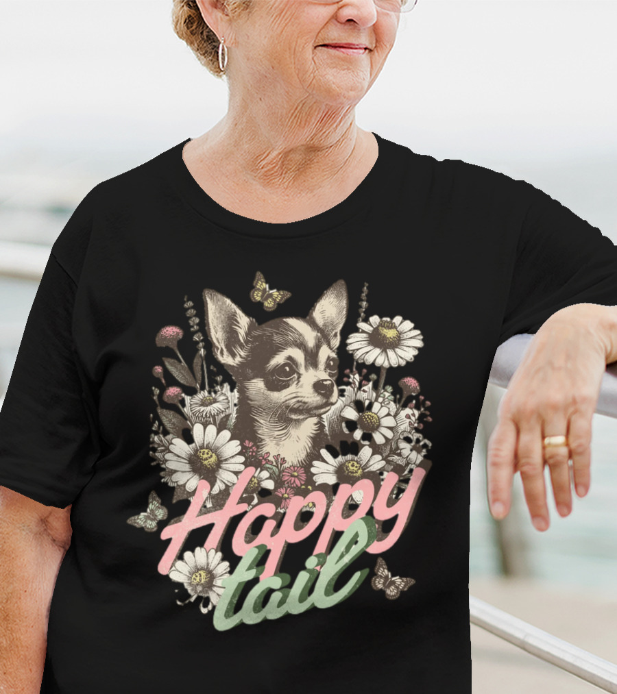 Chihuahua Dog Happy Tail Among Vintage Flowers With Butterflies T-Shirt