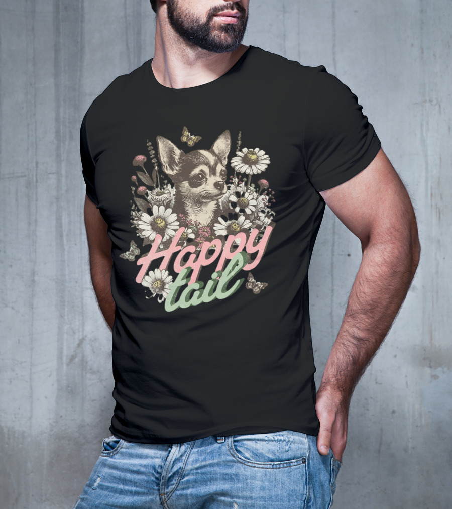Chihuahua Dog Happy Tail Among Vintage Flowers With Butterflies T-Shirt