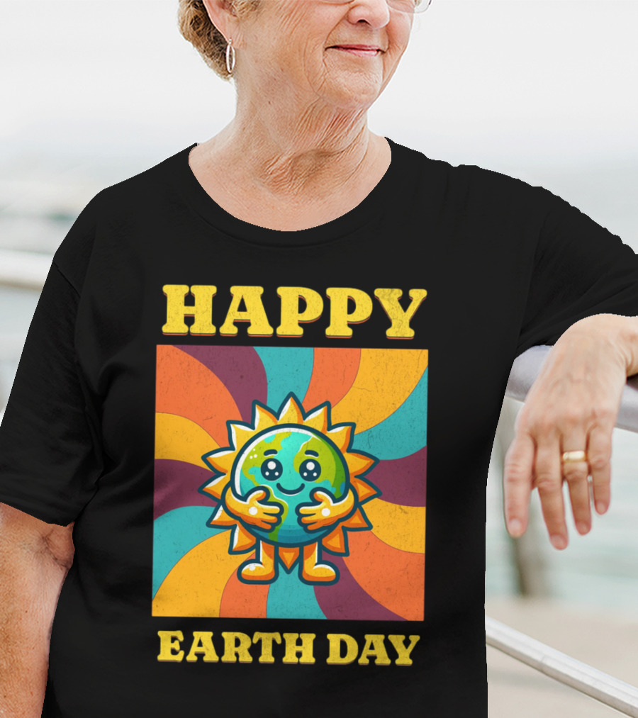 Hugging Earth Sunburst Happy Earth Day Multicolor Retro Spiral T-Shirt