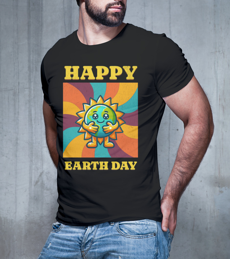 Hugging Earth Sunburst Happy Earth Day Multicolor Retro Spiral T-Shirt