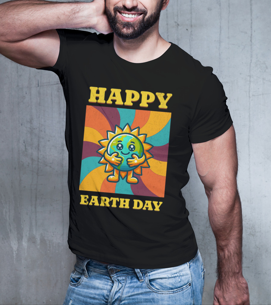 Hugging Earth Sunburst Happy Earth Day Multicolor Retro Spiral T-Shirt