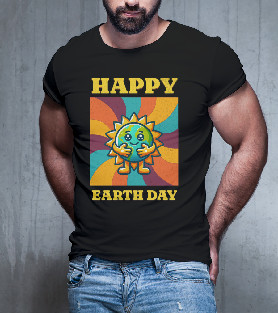 Hugging Earth Sunburst Happy Earth Day Multicolor Retro Spiral T-Shirt