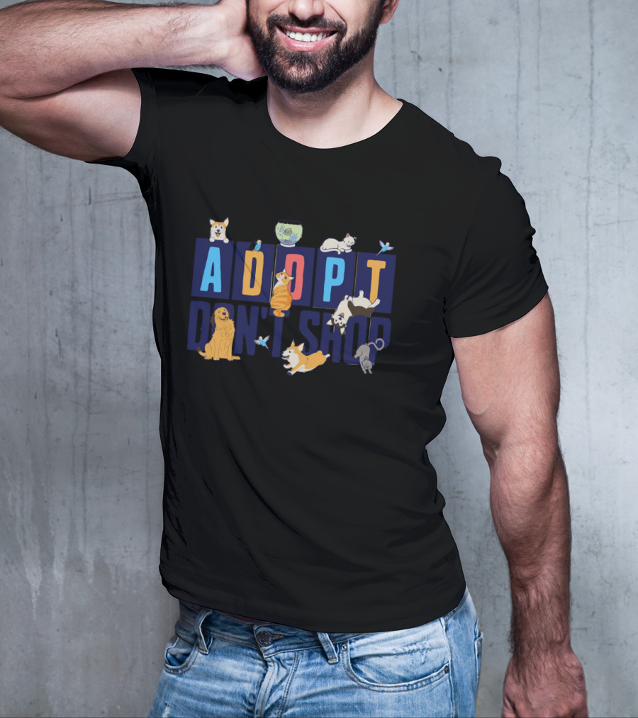 Adopt Don't Shop Cute Animal Design With Cats, Dogs, Fish, And Birds T-Shirt