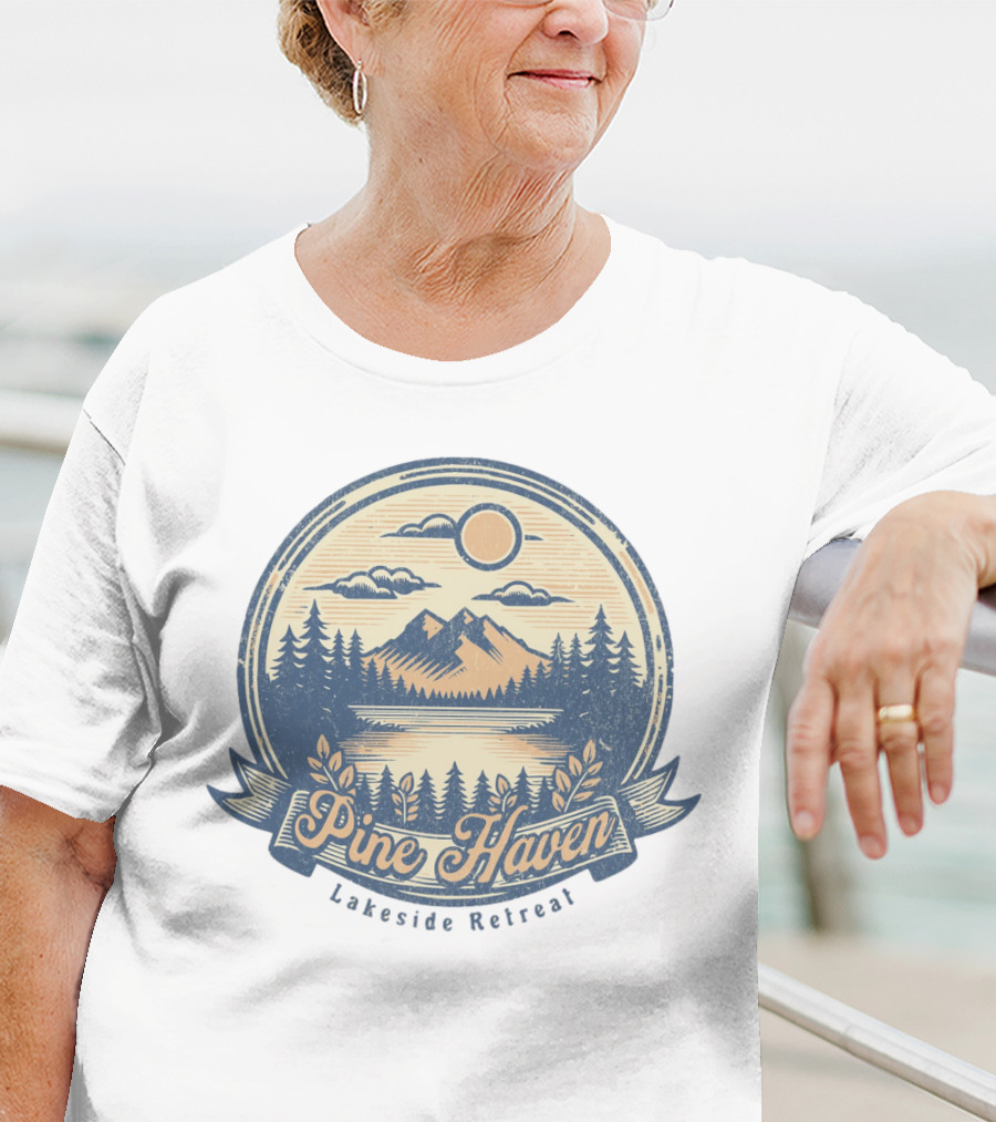 Pine Haven Lakeside Retreat Scenic Mountain Forest Vintage Emblem T-Shirt