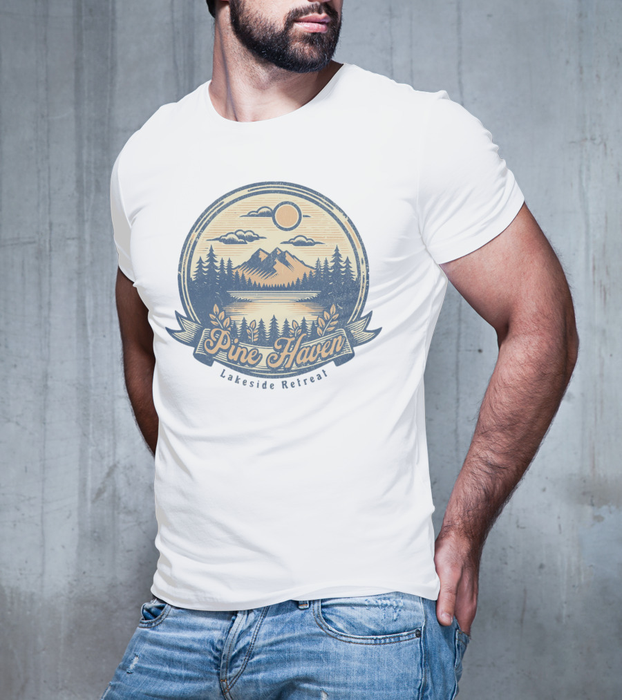 Pine Haven Lakeside Retreat Scenic Mountain Forest Vintage Emblem T-Shirt