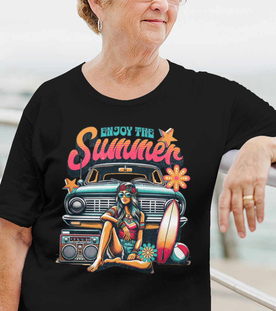 Enjoy The Summer Hippie Girl Surf Van Beach Vibes Vintage Boombox T-Shirt