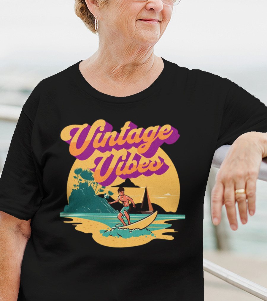Vintage Vibes Retro Surfing Adventure Sunset Scene T-Shirt