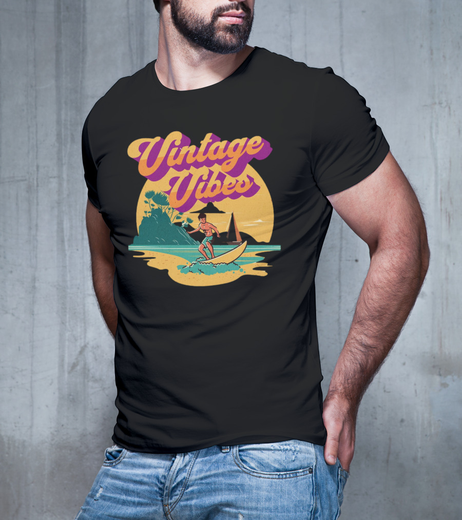 Vintage Vibes Retro Surfing Adventure Sunset Scene T-Shirt