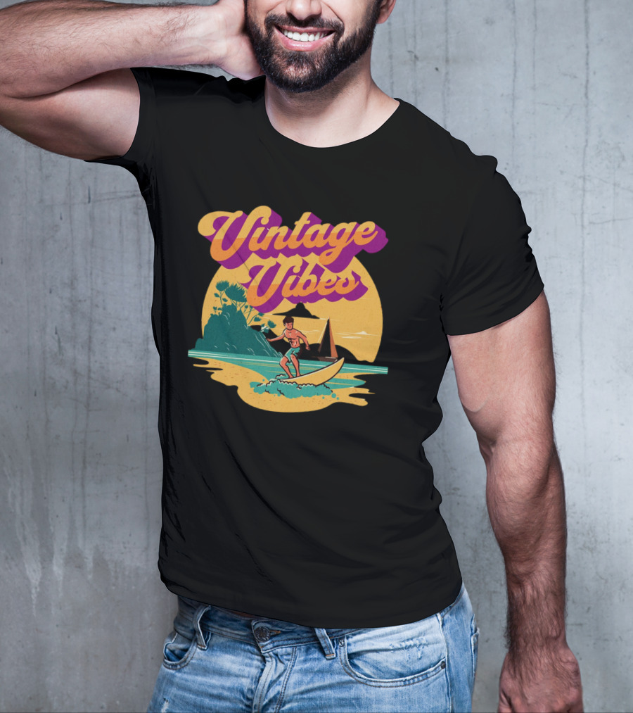 Vintage Vibes Retro Surfing Adventure Sunset Scene T-Shirt