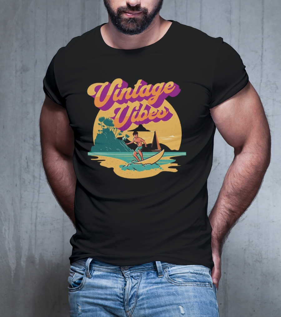 Vintage Vibes Retro Surfing Adventure Sunset Scene T-Shirt