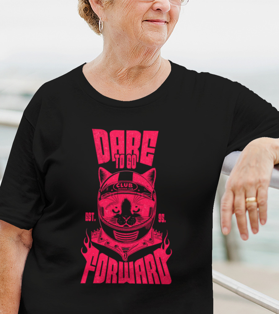 Dare To Go Forward Cat Club Est. 95 Helmet Flames T-Shirt