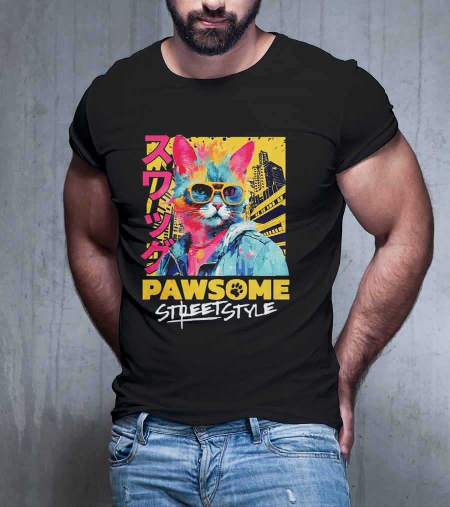 Pawsome Streetstyle Cat With Jacket And Sunglasses Urban Cityscape T-Shirt