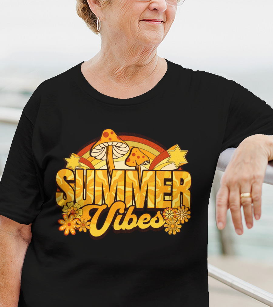 Summer Vibes Groovy Hippie Mushrooms And Flowers Retro Starburst T-Shirt