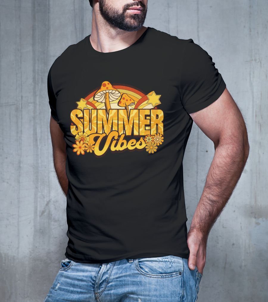 Summer Vibes Groovy Hippie Mushrooms And Flowers Retro Starburst T-Shirt