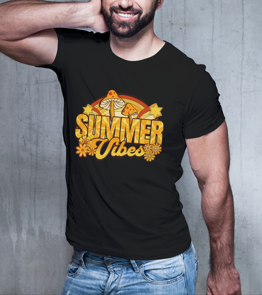 Summer Vibes Groovy Hippie Mushrooms And Flowers Retro Starburst T-Shirt