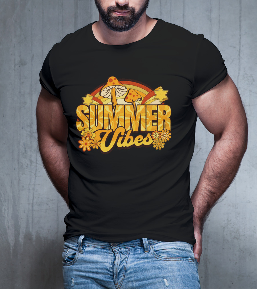 Summer Vibes Groovy Hippie Mushrooms And Flowers Retro Starburst T-Shirt