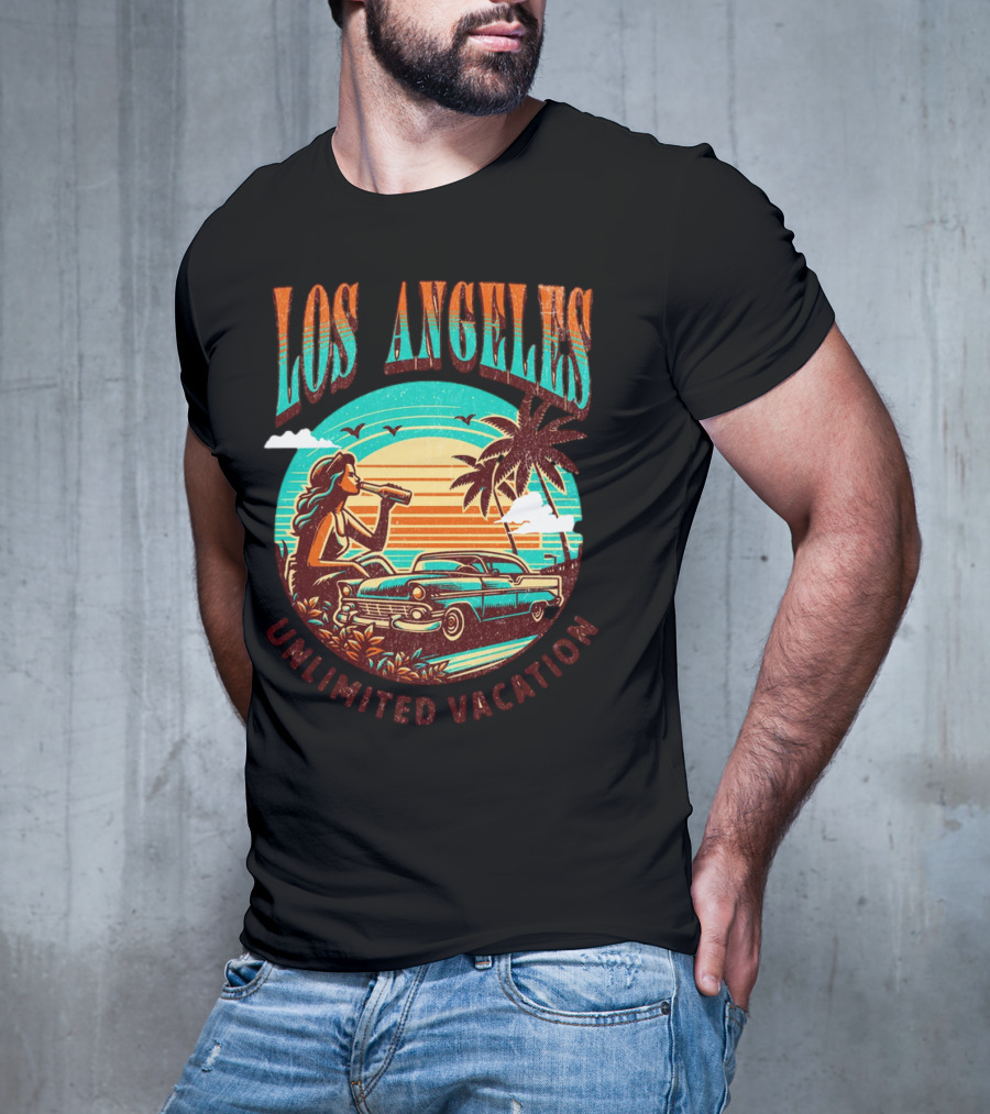 Los Angeles Unlimited Vacation Classic Car Palm Trees Sunset Vibes T-Shirt