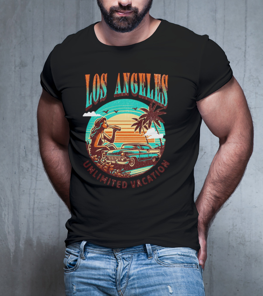 Los Angeles Unlimited Vacation Classic Car Palm Trees Sunset Vibes T-Shirt