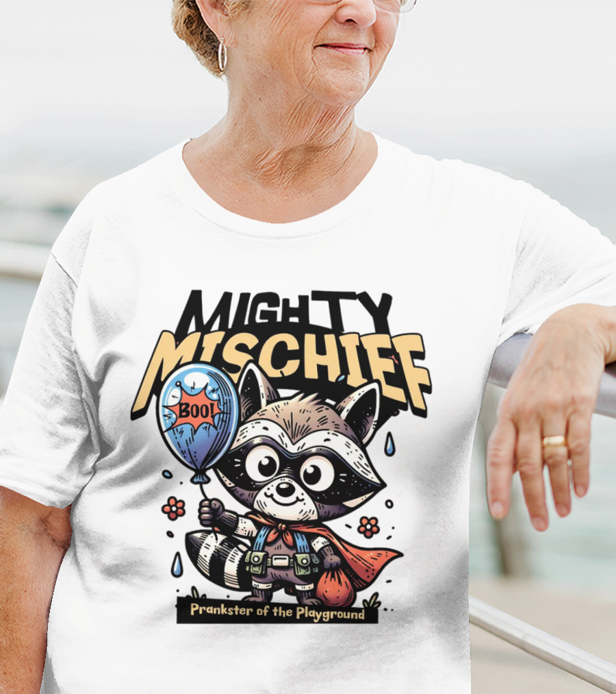 Mighty Mischief Raccoon With Boo Balloon Prankster Of The Playground T-Shirt