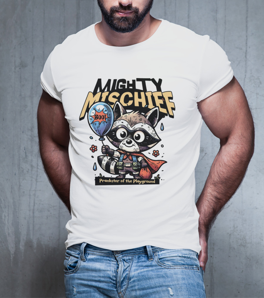 Mighty Mischief Raccoon With Boo Balloon Prankster Of The Playground T-Shirt