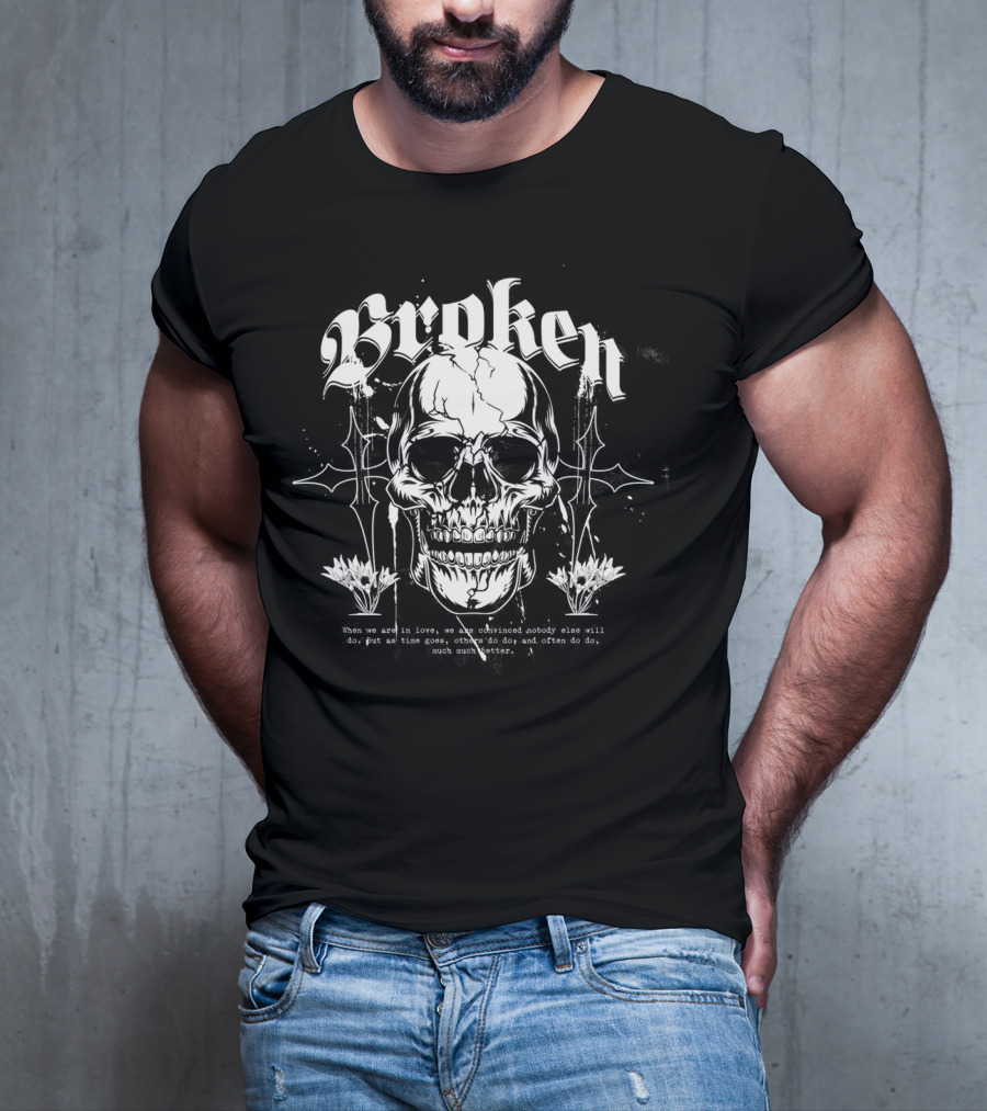 Broken Skull With Gothic Text And Crosses T-Shirt