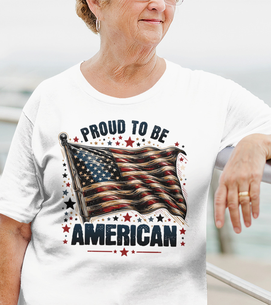 Proud To Be American Waving Stars And Stripes Surrounded By Red And Black Stars T-Shirt