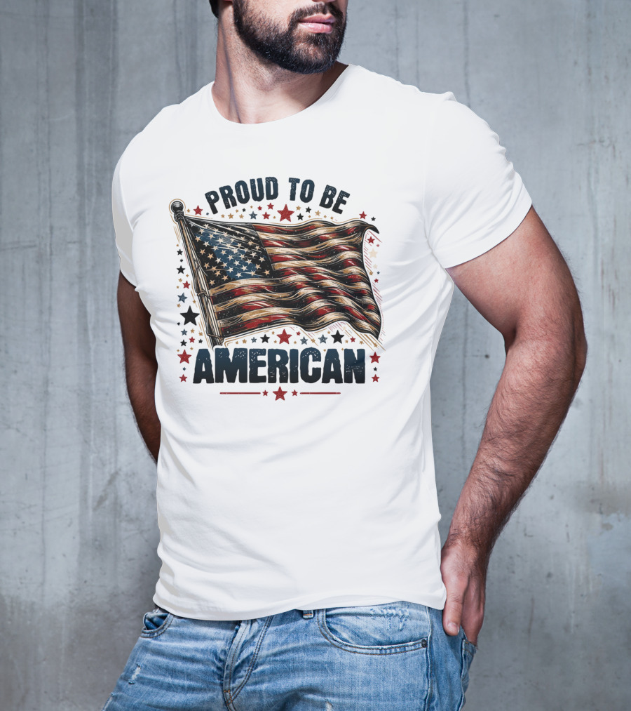 Proud To Be American Waving Stars And Stripes Surrounded By Red And Black Stars T-Shirt
