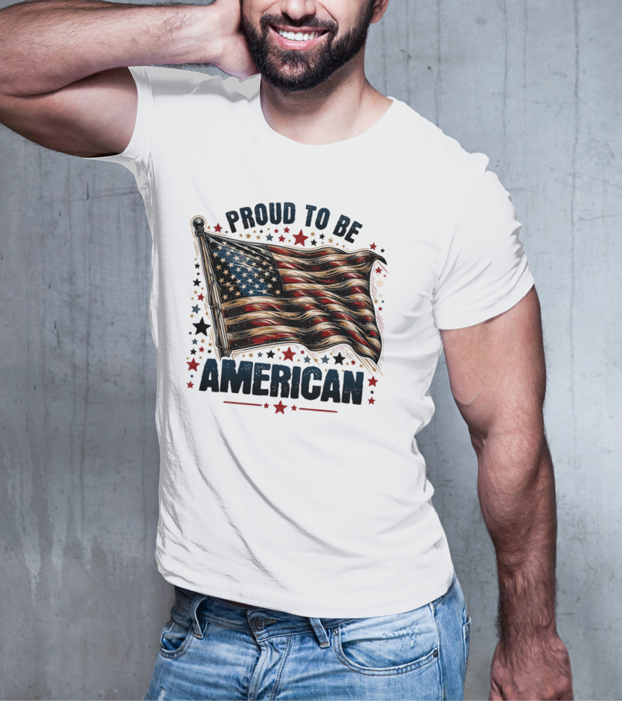 Proud To Be American Waving Stars And Stripes Surrounded By Red And Black Stars T-Shirt
