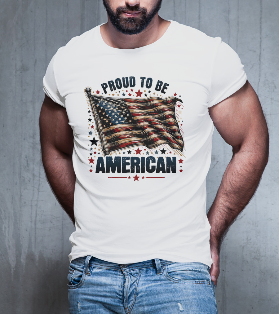 Proud To Be American Waving Stars And Stripes Surrounded By Red And Black Stars T-Shirt