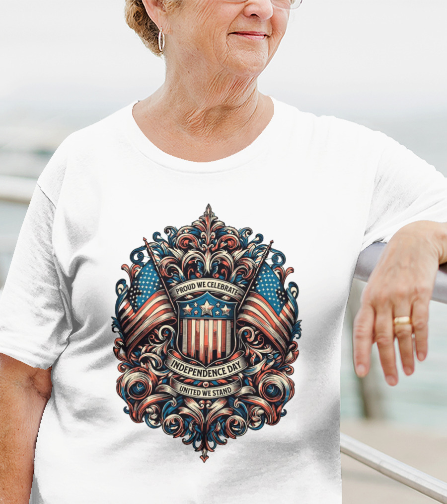 Proud We Celebrate Independence Day United We Stand American Flag Shield Ornamental T-Shirt