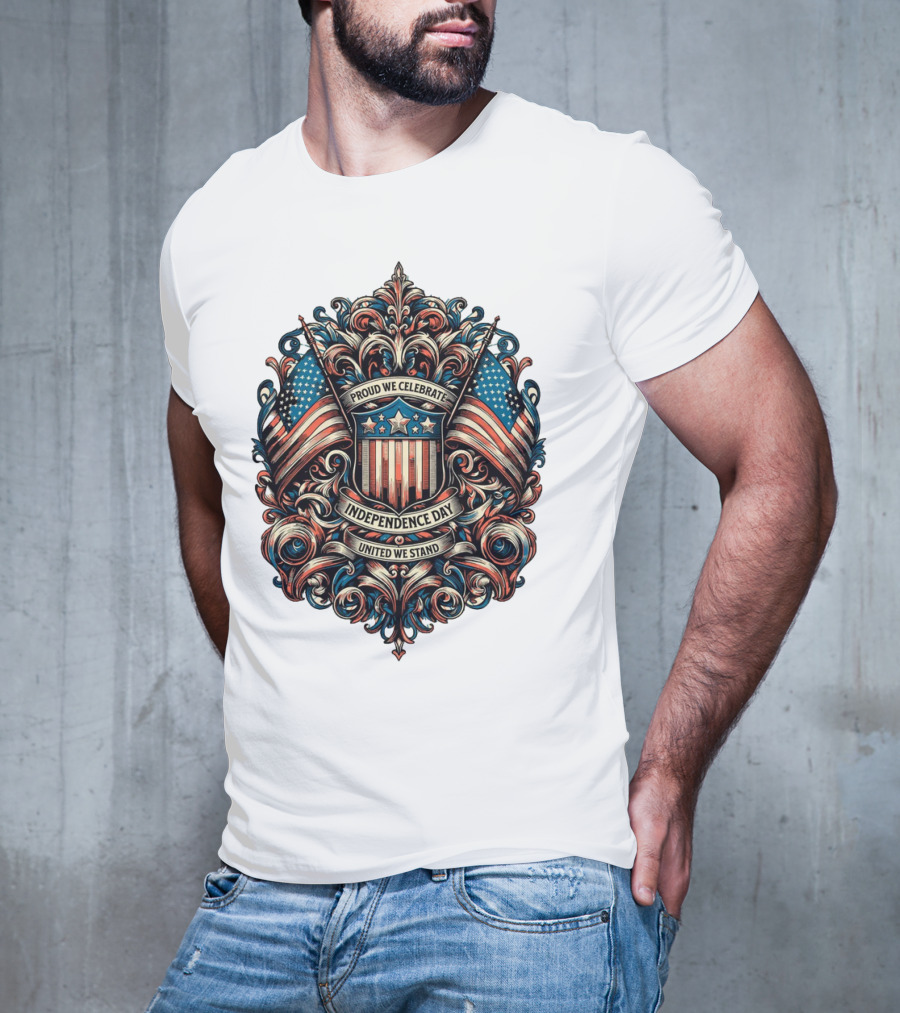 Proud We Celebrate Independence Day United We Stand American Flag Shield Ornamental T-Shirt