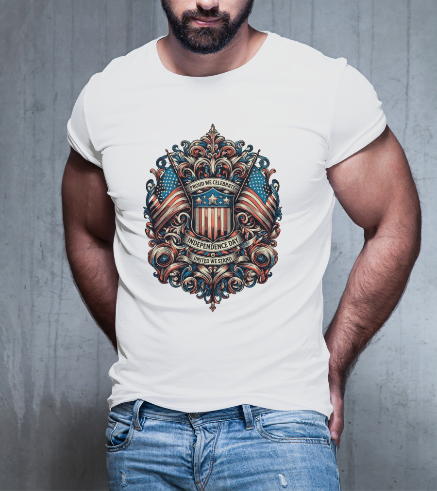 Proud We Celebrate Independence Day United We Stand American Flag Shield Ornamental T-Shirt
