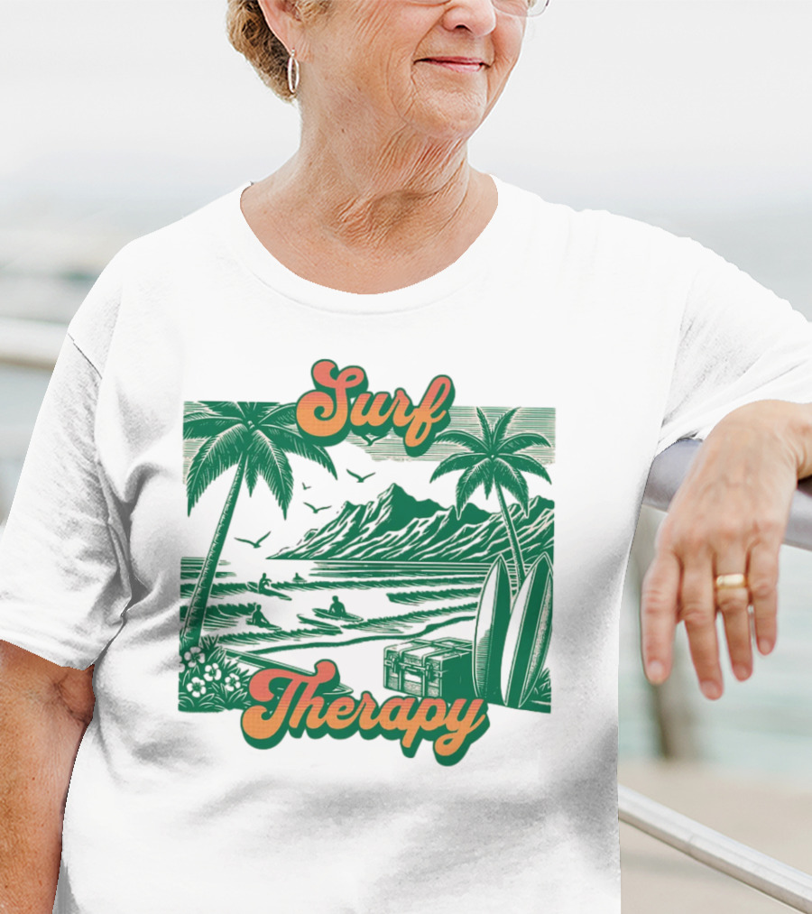 Surf Therapy Tropical Beach Scene With Palm Trees And Surfboards T-Shirt