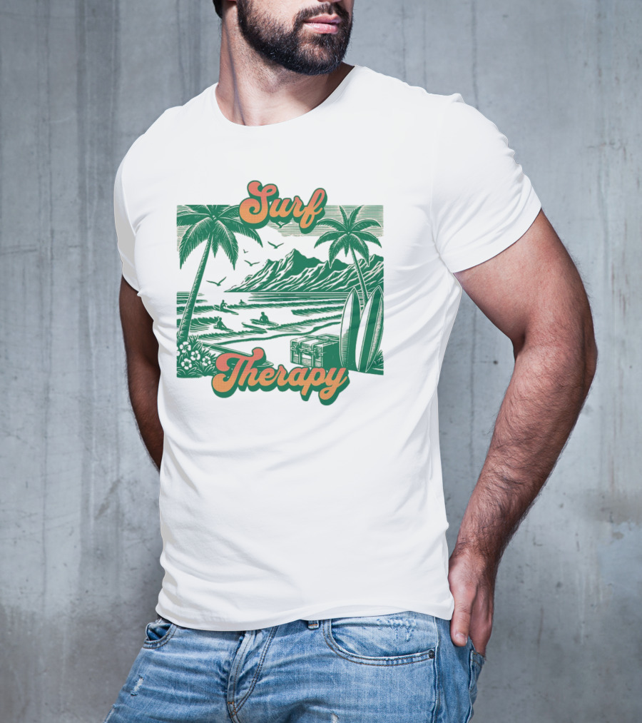 Surf Therapy Tropical Beach Scene With Palm Trees And Surfboards T-Shirt