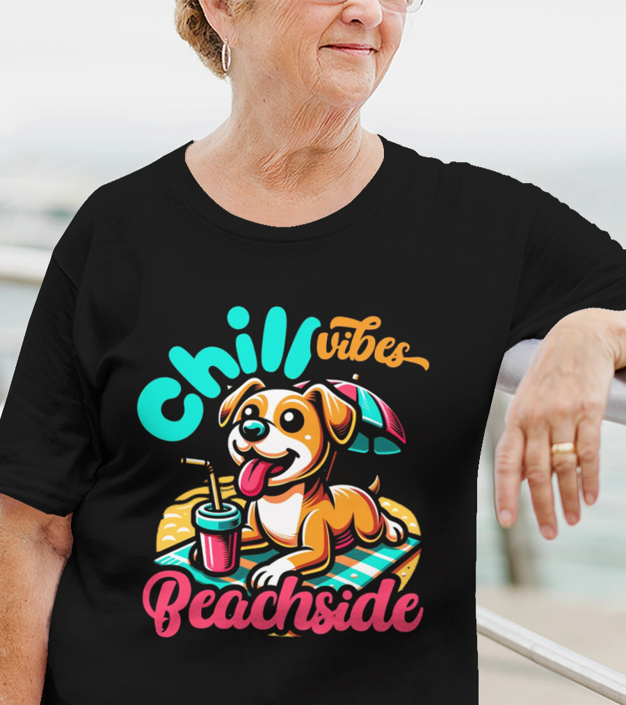 Chill Vibes Beachside Relaxing Dog With Umbrella And Drink T-Shirt